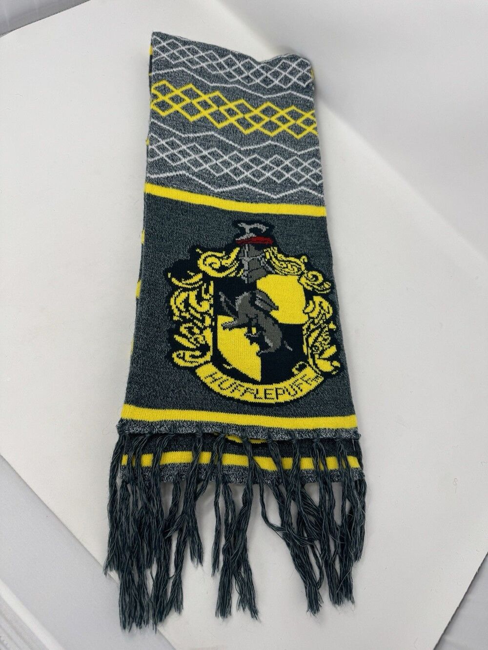 Wizarding World of Harry Potter Hufflepuff Scarf Fringe 78”x 7.5” Yellow Grey